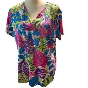 Rafaella Tropical Print V-Neck Short Sleeve Blouse, Women's Plus Size 1X